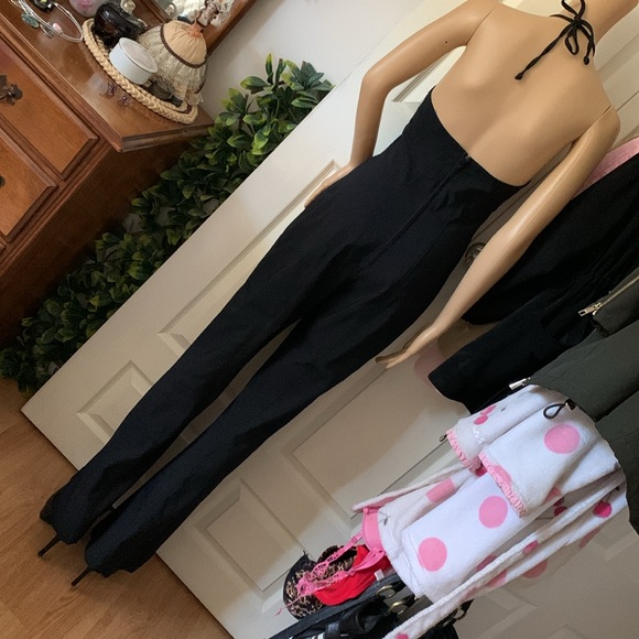 Vtg 90s black backless halter Empire stretch flare jumpsuit onesie pantsuit S M - Picture 2 of 13